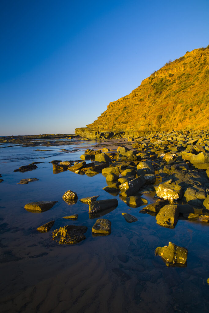 Australia, New South Wales, Royal National Park. Early morning light gently illuminates the picturesque coastline found at North Era, on the Royal National Park Coastal Track.
