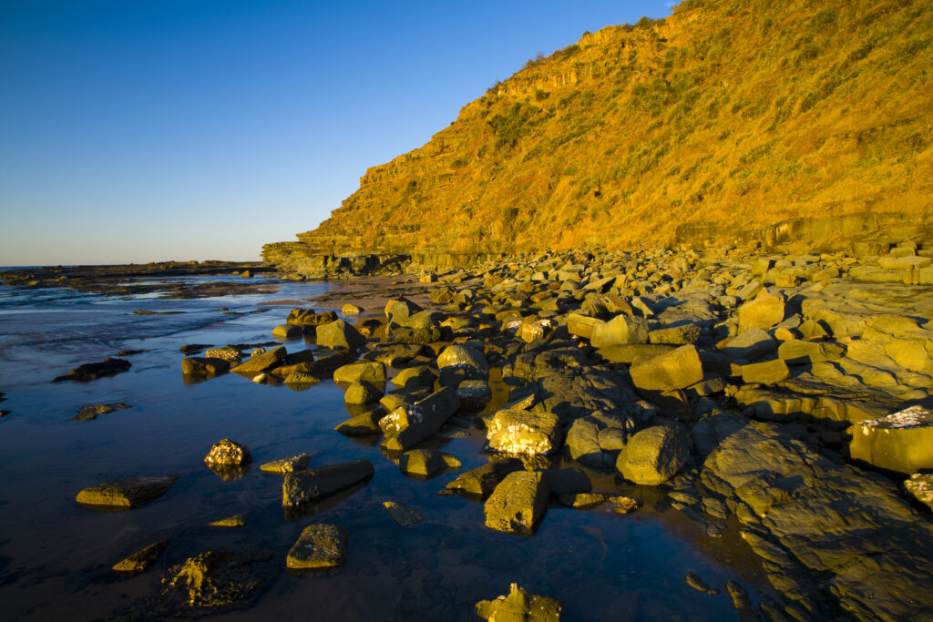 Australia, New South Wales, Royal National Park. Early morning light gently illuminates the picturesque coastline found at North Era, on the Royal National Park Coastal Track.