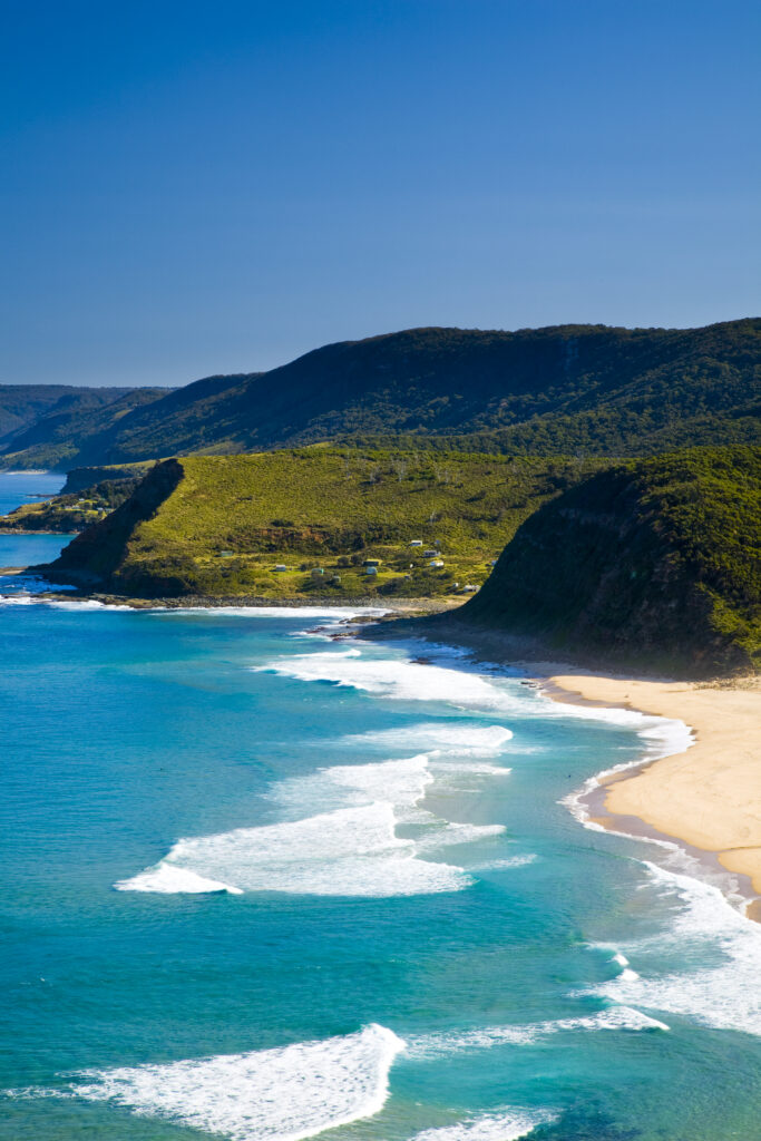Australia, New South Wales, Royal National Park. View from the headlands north of Garie Beach, looking south.