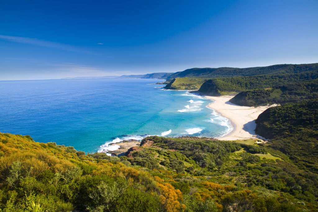 Australia, New South Wales, Royal National Park. View from the headlands north of Garie Beach, looking south.