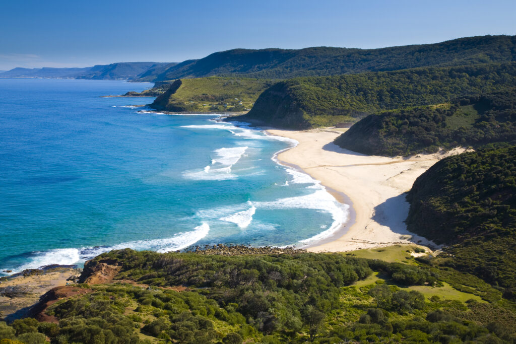 Australia, New South Wales, Royal National Park. View from the headlands north of Garie Beach, looking south.