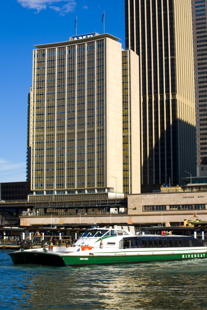 Australia, New South Wales, Sydney. Paramatta Rivercat part of the Sydney Harbour fleet departing from Circular Quay