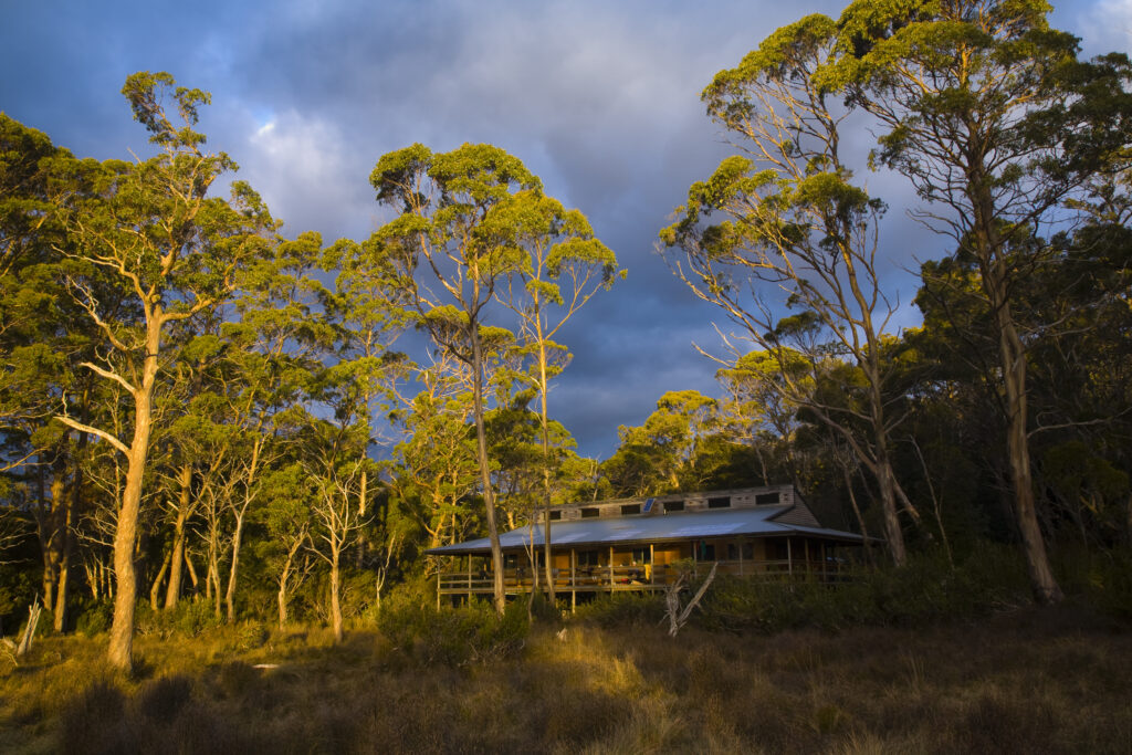 Australia, Tasmania, Cradle Mt - Lake St Clair National Park. New Pelion Hut and surrounding bush, on the Overland Track