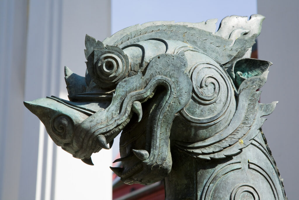 Thailand, Bangkok, Wat Benchamabophit. Statue outside the Wat Benchamabophit also known as the Marble Temple