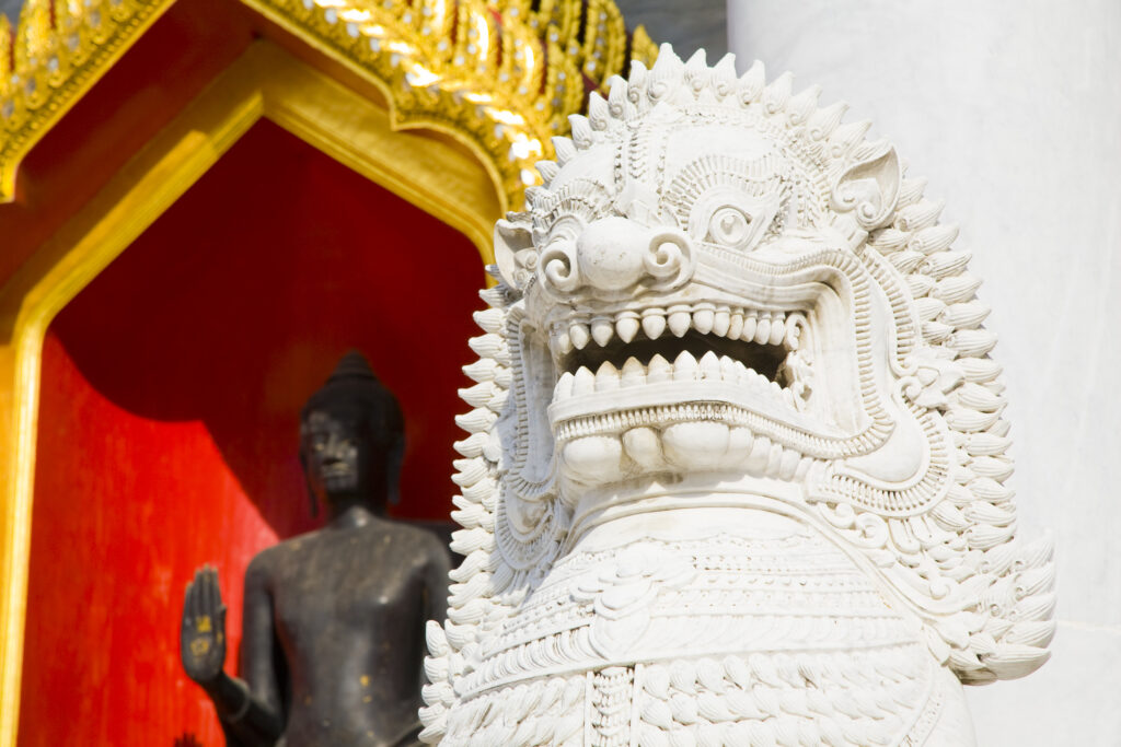 Thailand, Bangkok, Wat Benchamabophit. Statue and Buddha outside the Wat Benchamabophit known, also known as the Marble Temple