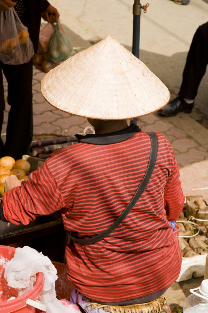 Vietnam, Northern Vietnam, Sapa. Vietnamese woman wearing a classic vietamese hat, selling colourful local produce at a food market in Sapa.