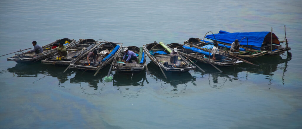 Vietnam, Northern Vietnam, Halong Bay. Fishermen prepare and cook meals on their boats at Cat Ba harbour on Cat Ba Island.