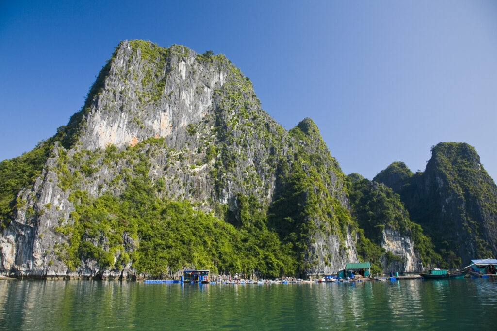 Vietnam, Northern Vietnam, Halong Bay. Water village amid the islands of Halong Bay near Cat Ba Island.