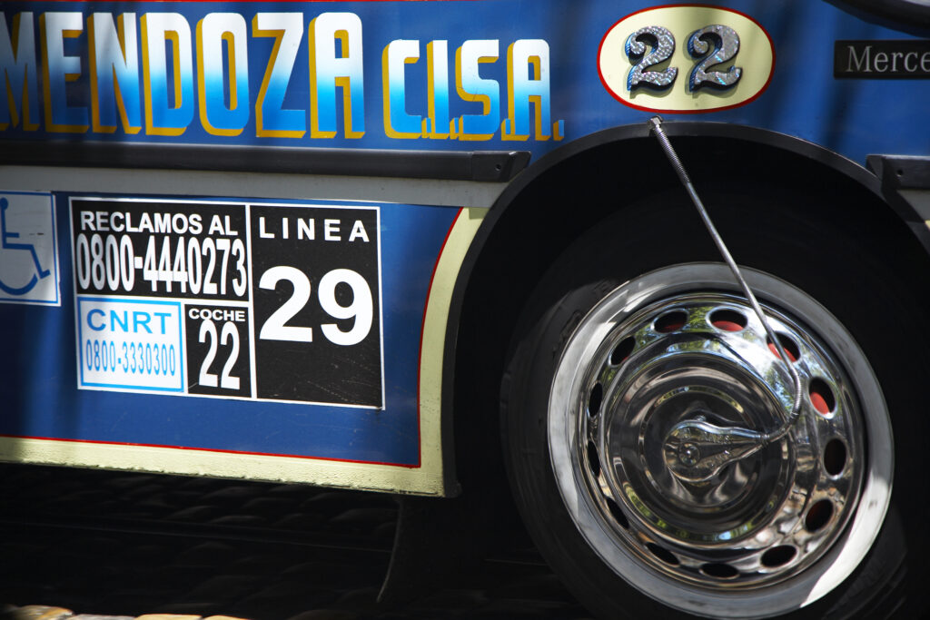 Argentina, Buenos Aires Province, Buenos Aires. Detail of a Mendoza bus in the city of Buenos Aires.