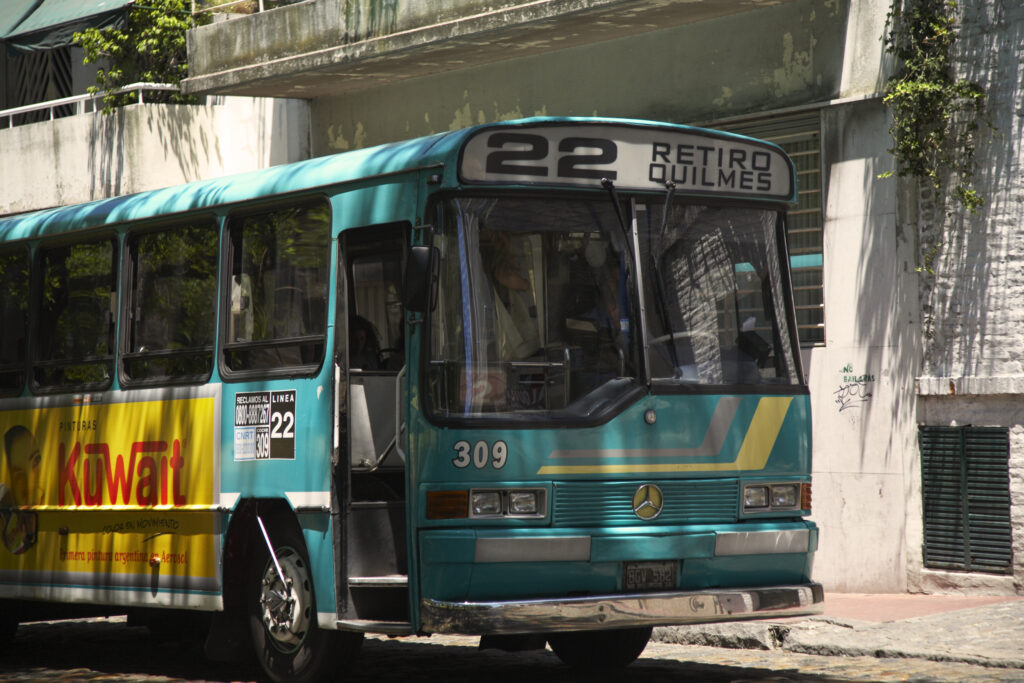 Argentina, Buenos Aires Province, Buenos Aires. A local bus in the San Telmo area of Buenos Aires.
