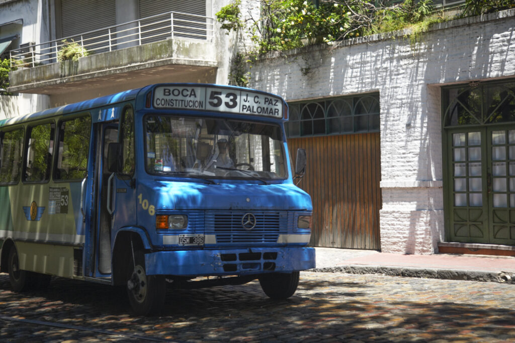 Argentina, Buenos Aires Province, Buenos Aires. A local bus in the San Telmo area of Buenos Aires.