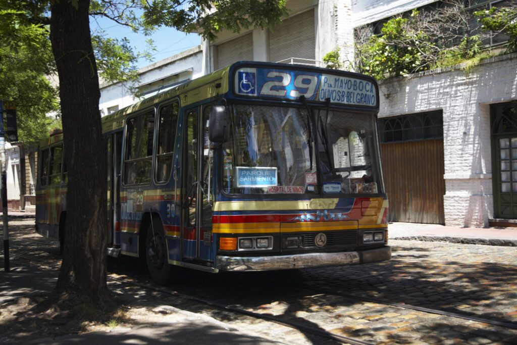 Argentina, Buenos Aires Province, Buenos Aires. A local bus in the San Telmo area of Buenos Aires.