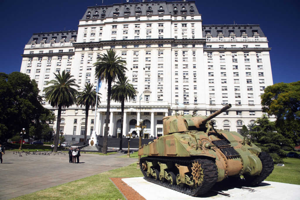 Argentina, Buenos Aires Province, Buenos Aires. Tank outside a military building in Buenos Aires.