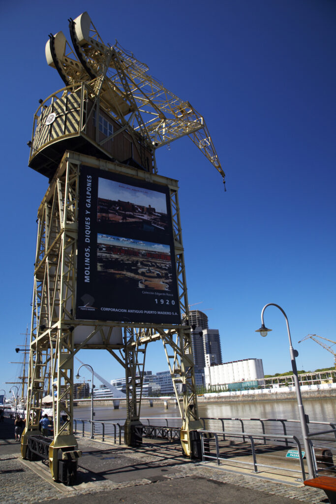Argentina, Buenos Aires Province, Buenos Aires. Restored crane, situated on the dock side of Puerto Madero.