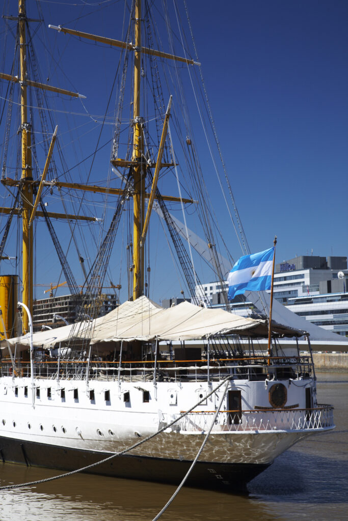 Argentina, Buenos Aires Province, Buenos Aires. Fragata Sarmiento, an historic saling ship moored on the dock side of Puerto Madero.