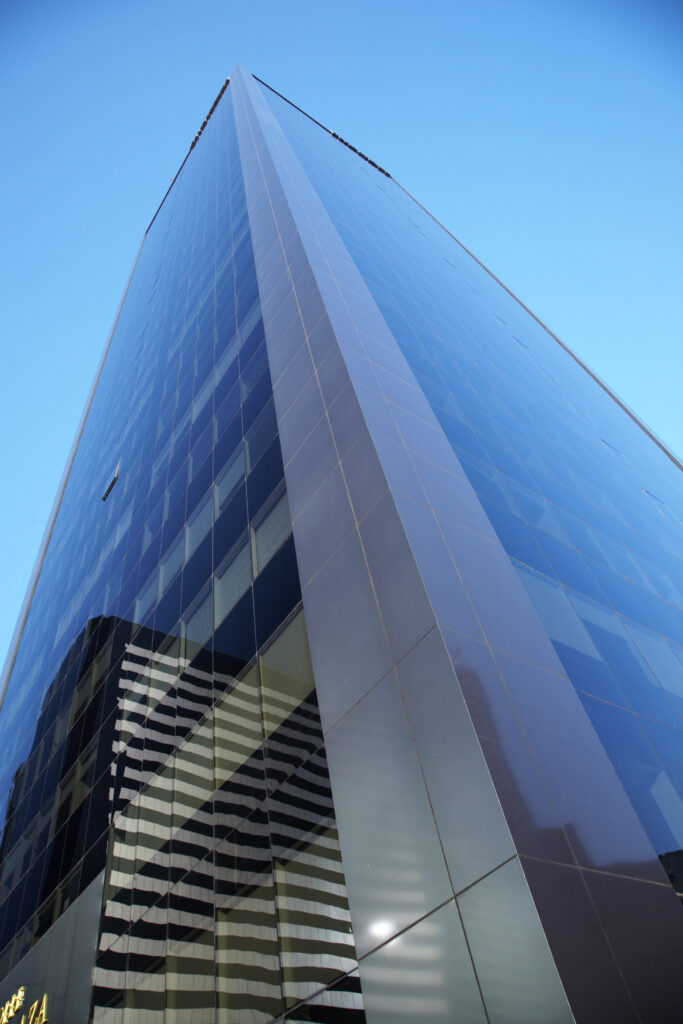 Argentina, Buenos Aires Province, Buenos Aires. Abstract view of skyscraper in the financial district of the microcentro of Buenos Aires.