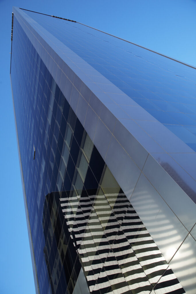 Argentina, Buenos Aires Province, Buenos Aires. Abstract view of skyscraper in the financial district of the microcentro of Buenos Aires.