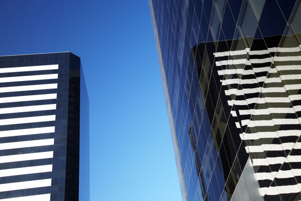 Argentina, Buenos Aires Province, Buenos Aires. Abstract view of skyscrapers in the financial district of the microcentro of Buenos Aires.