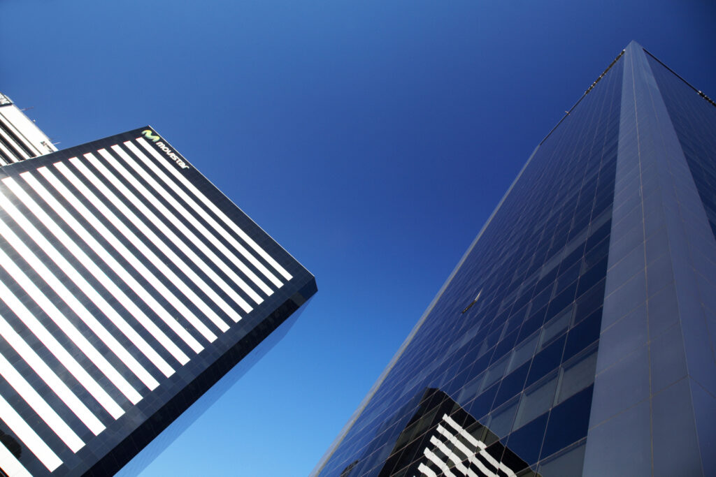 Argentina, Buenos Aires Province, Buenos Aires. Abstract view of skyscrapers in the financial district of the microcentro of Buenos Aires.