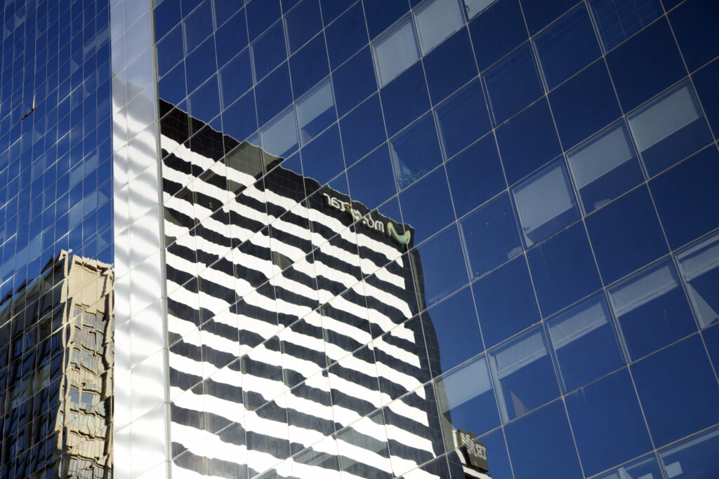 Argentina, Buenos Aires Province, Buenos Aires. Abstract view of a skyscraper in the financial district of the microcentro of Buenos Aires.
