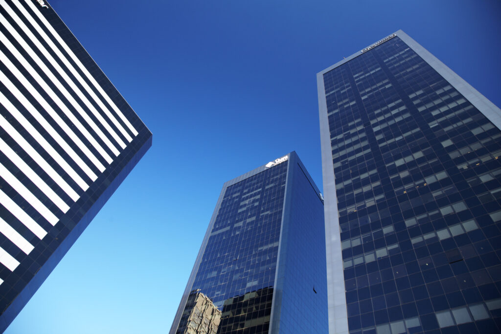 Argentina, Buenos Aires Province, Buenos Aires. Abstract view of skyscrapers in the financial district of the microcentro of Buenos Aires.
