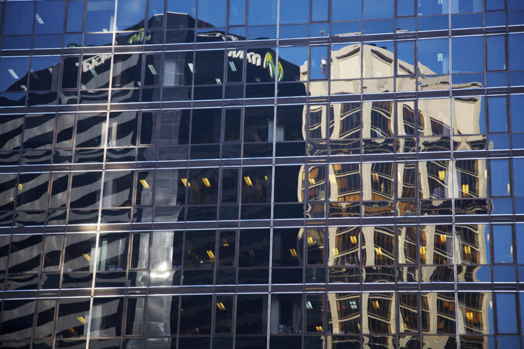 Argentina, Buenos Aires Province, Buenos Aires. Abstract view of a skyscraper in the financial district of the microcentro of Buenos Aires.