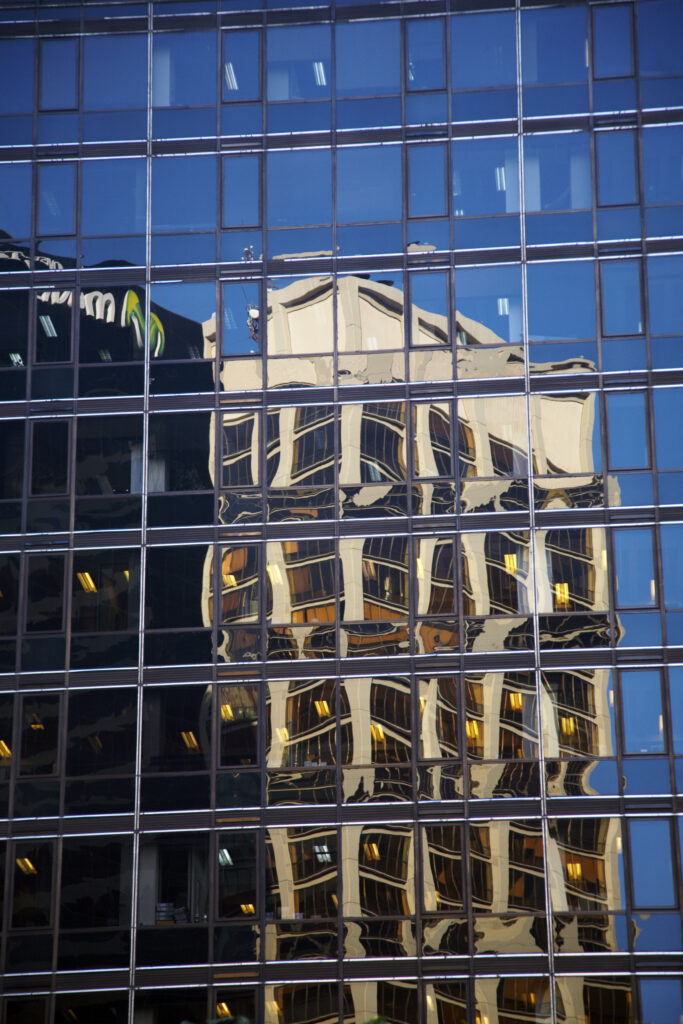 Argentina, Buenos Aires Province, Buenos Aires. Abstract view of a skyscraper in the financial district of the microcentro of Buenos Aires.