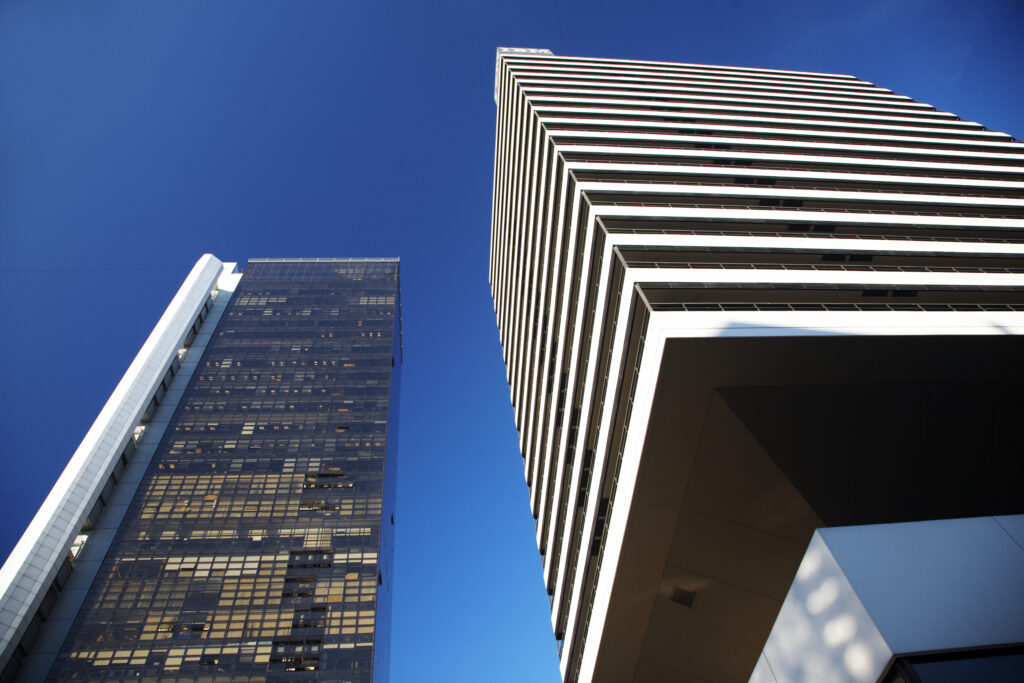 Argentina, Buenos Aires Province, Buenos Aires. Abstract view of skyscrapers in the financial district of the microcentro of Buenos Aires.