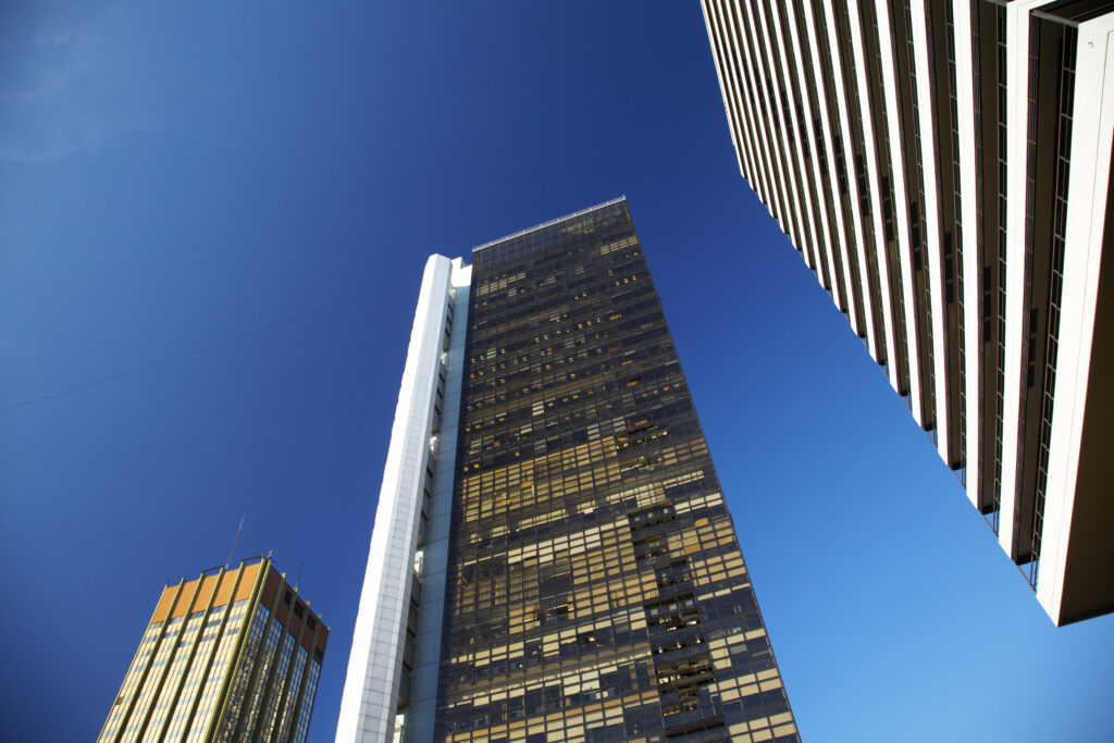 Argentina, Buenos Aires Province, Buenos Aires. Abstract view of skyscrapers in the financial district of the microcentro of Buenos Aires.