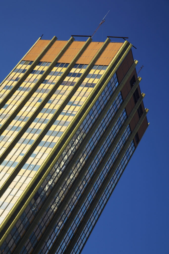 Argentina, Buenos Aires Province, Buenos Aires. Abstract view of skyscraper in the financial district of the microcentro of Buenos Aires.
