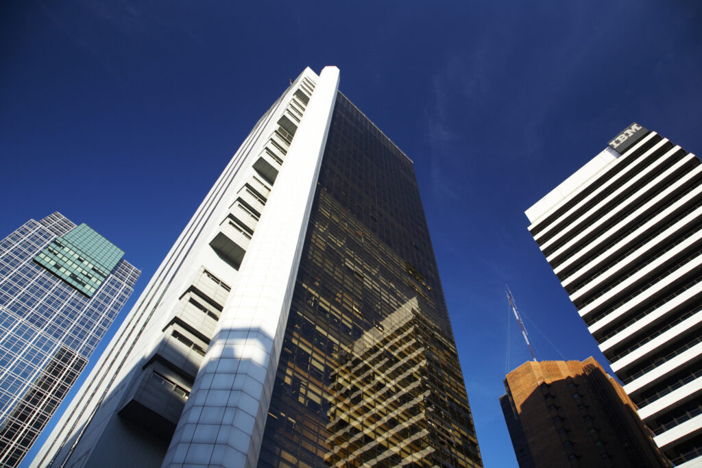 Argentina, Buenos Aires Province, Buenos Aires. Abstract view of skyscrapers in the financial district of the microcentro of Buenos Aires.
