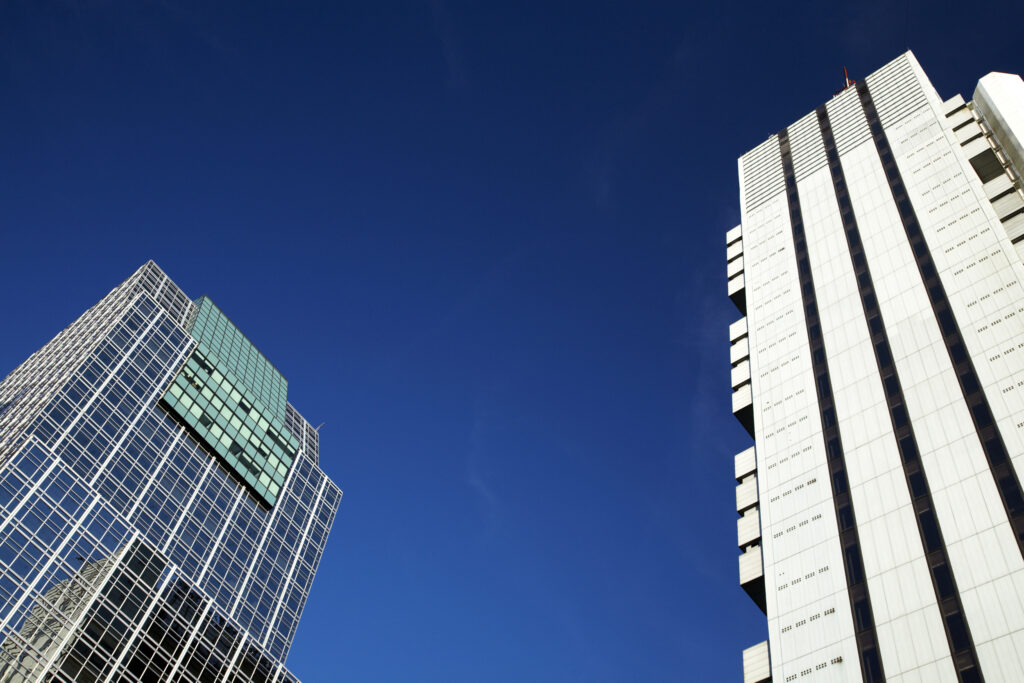 Argentina, Buenos Aires Province, Buenos Aires. Abstract view of skyscrapers in the financial district of the microcentro of Buenos Aires.