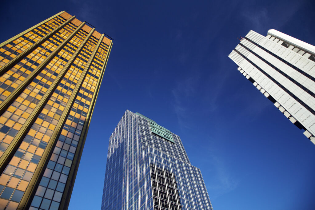Argentina, Buenos Aires Province, Buenos Aires. Abstract view of skyscrapers in the financial district of the microcentro of Buenos Aires.