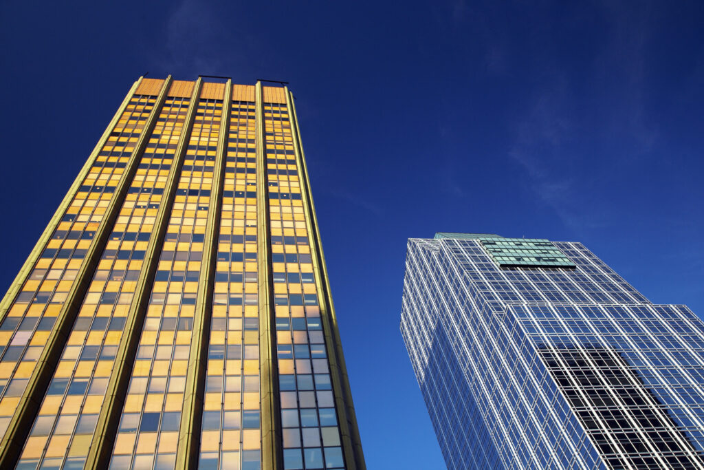Argentina, Buenos Aires Province, Buenos Aires. Abstract view of skyscrapers in the financial district of the microcentro of Buenos Aires.