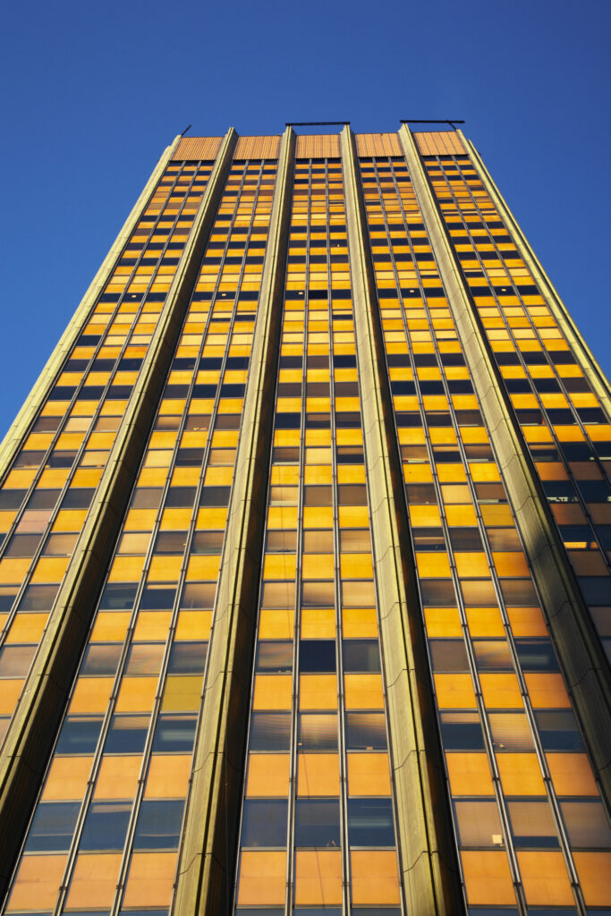 Argentina, Buenos Aires Province, Buenos Aires. Abstract view of a skyscraper in the financial district of the microcentro of Buenos Aires.