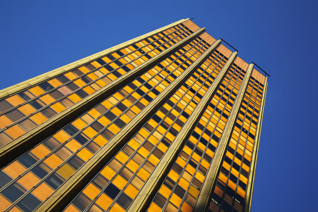 Argentina, Buenos Aires Province, Buenos Aires. Abstract view of a skyscraper in the financial district of the microcentro of Buenos Aires.