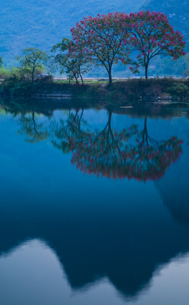 China, Guangxi Zhuang Autonomous Region, Yangshuo County. The Li River and karst peaks near the town of Yangshuo.