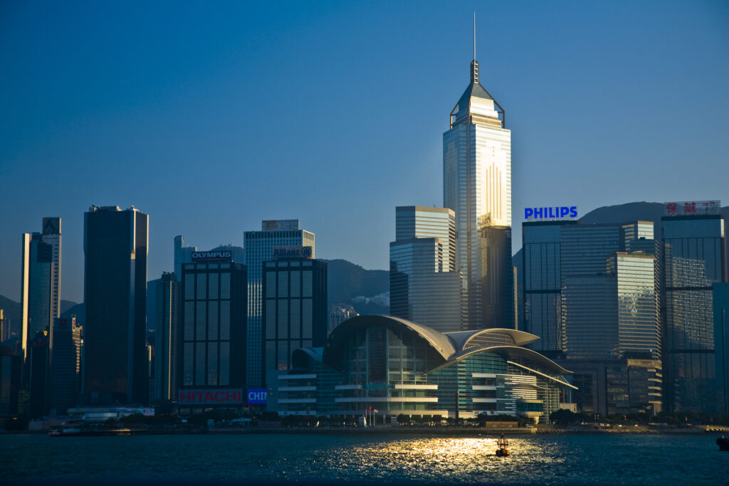 People's Republic of China, Hong Kong Special Administrative Region, Kowloon. The skyline of Kong Kong island viewed across Victoria Harbour from Kowloon.