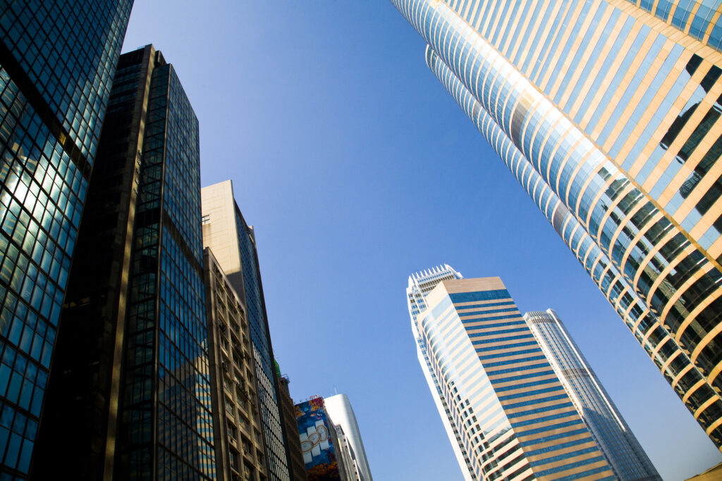 People's Republic of China, Hong Kong Special Administrative Region, Hong Kong Island. Abstract view of the modern architecture of the Hong Kong financial district.