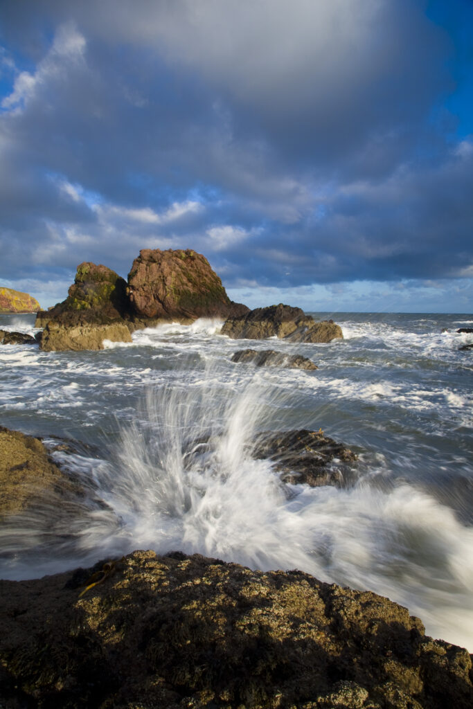 Scotland, Scottish Borders, St Abbs. Waves crashing against rocky outcrops near the harbour of St Abbs.