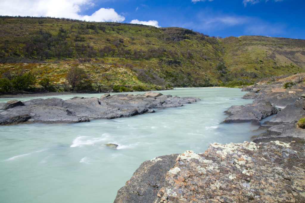RF - Chile, Southern Patagonia, Torres Del Paine National Park. The glacial coloured waters of the Rio Paine on the Circuit track.