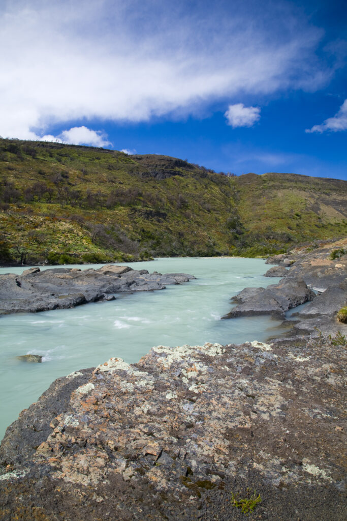RF - Chile, Southern Patagonia, Torres Del Paine National Park. The glacial coloured waters of the Rio Paine on the Circuit track.