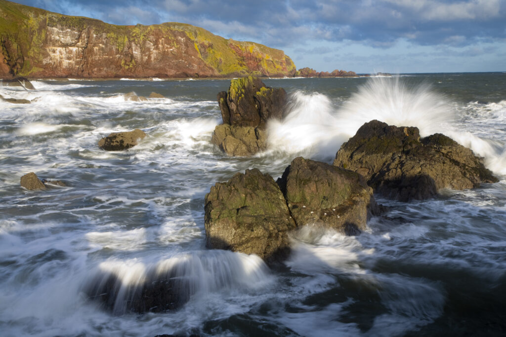 Scotland, Scottish Borders, St Abbs. Winter storms create a huge swell in the North Sea near St Abbs.