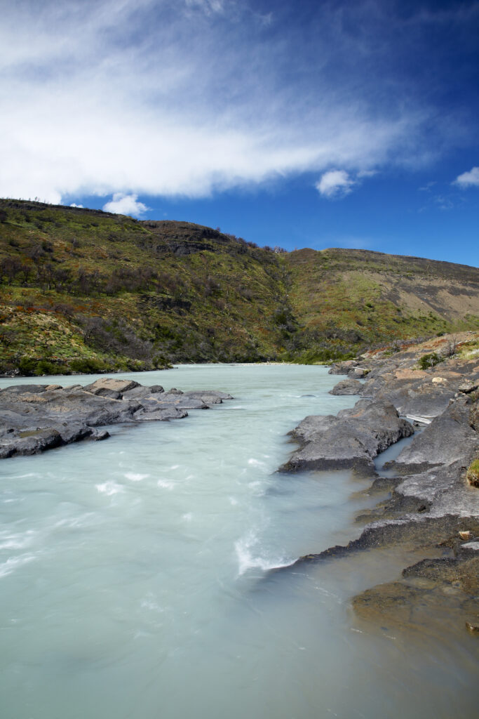 Chile, Southern Patagonia, Torres Del Paine National Park. The glacial coloured waters of the Rio Paine on the 'Circuit' track.
