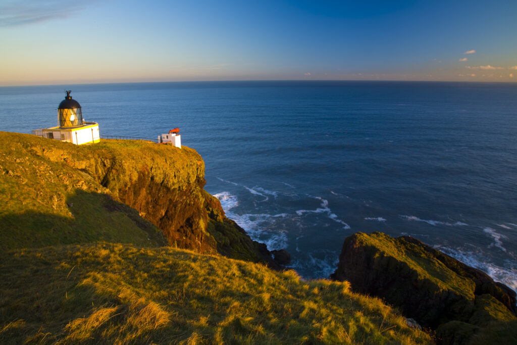 Scotland, Scottish Borders, St Abbs National Nature Reserve. The St Abbs lighthouse, erected in 1862 after the sinking of the ‘Martello’ on Carr Rock five years previously.