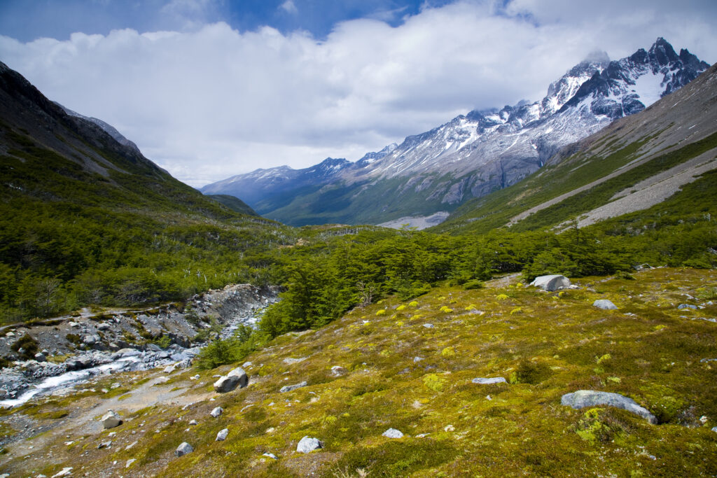 Chile, Southern Patagonia, Torres Del Paine National Park. Dramatic alpine scenery viewed from the John Gardner Pass, a mountain climb on the circuit track.