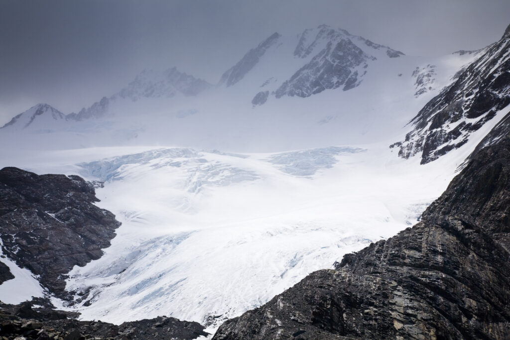 Chile, Southern Patagonia, Torres Del Paine National Park. Dramatic alpine scenery viewed from the John Gardner Pass, a mountain climb on the circuit track.