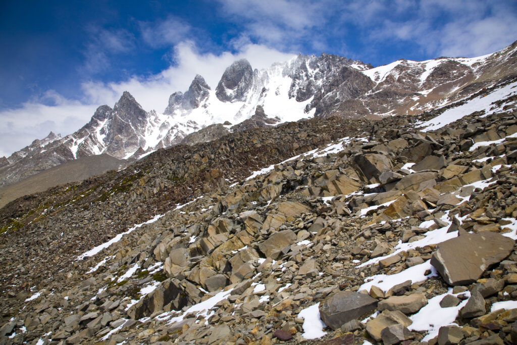 Chile, Southern Patagonia, Torres Del Paine National Park. Dramatic alpine scenery viewed from the John Gardner Pass, a mountain climb on the circuit track.