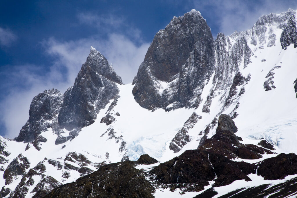 Chile, Southern Patagonia, Torres Del Paine National Park. Dramatic alpine scenery viewed from the John Gardner Pass, a mountain climb on the circuit track.