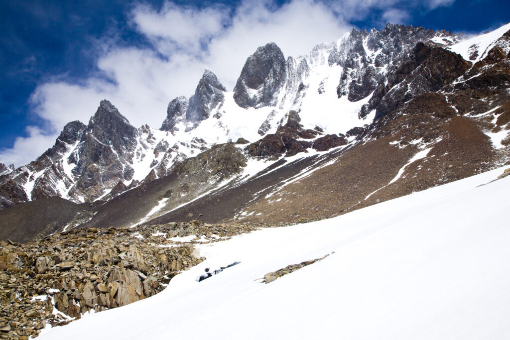 Chile, Southern Patagonia, Torres Del Paine National Park. Dramatic alpine scenery viewed from the John Gardner Pass, a mountain climb on the circuit track.